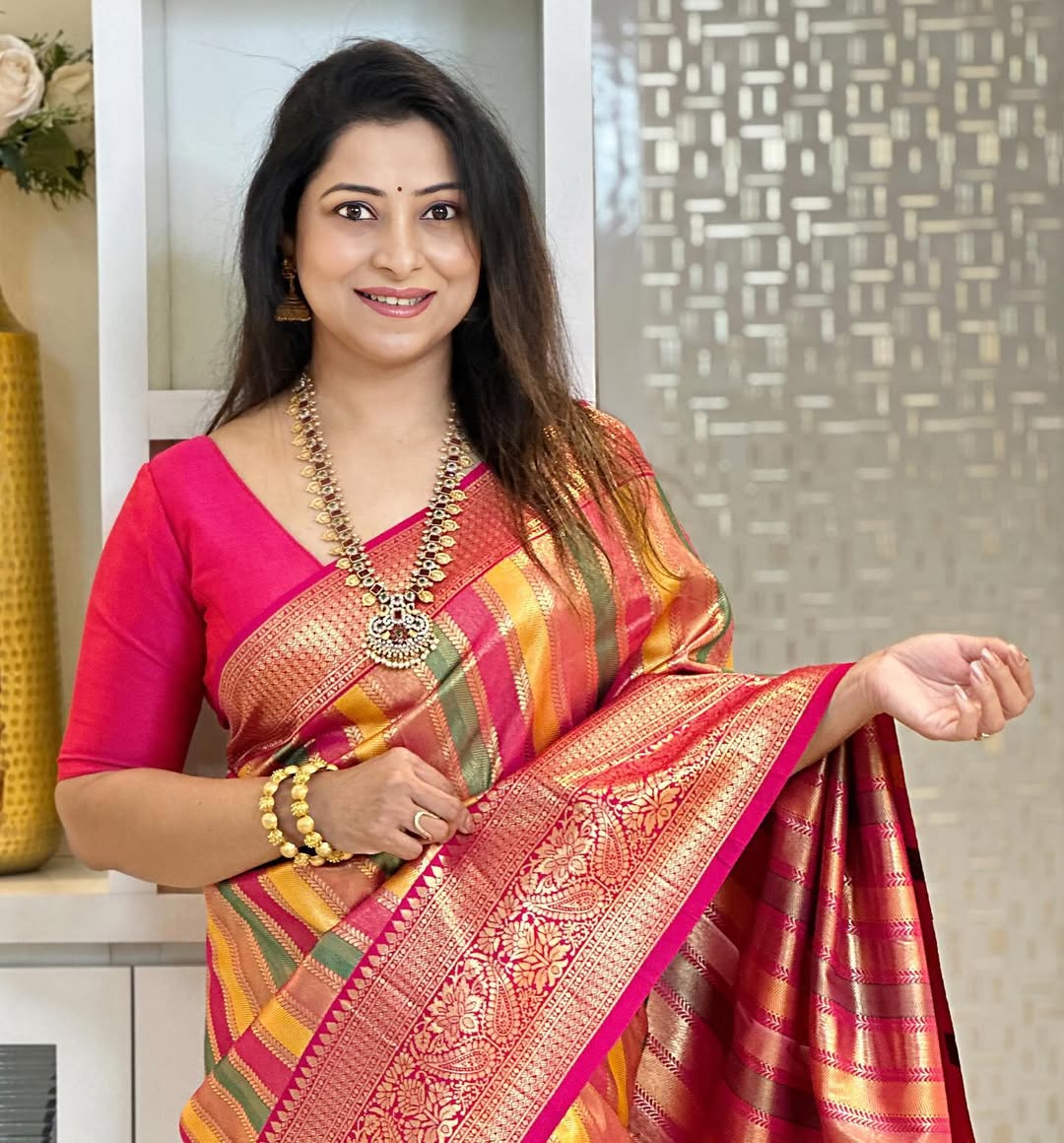 Peach & Rani Pink Kanjivaram Style Silk Saree - view 2 of 5