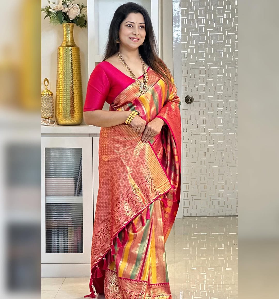 Peach & Rani Pink Kanjivaram Style Silk Saree - view 3 of 5