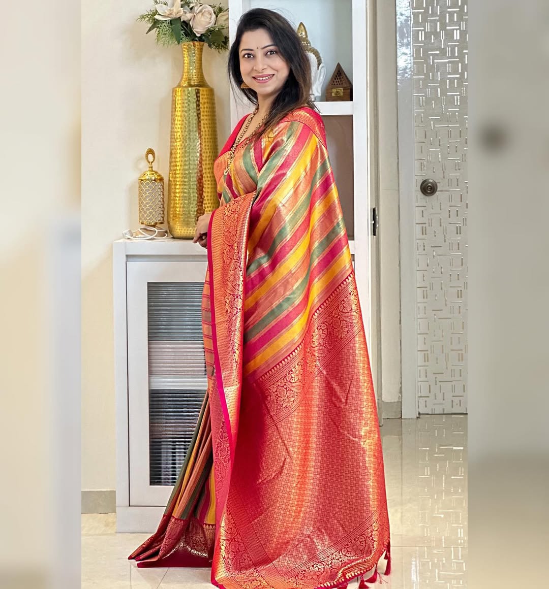 Peach & Rani Pink Kanjivaram Style Silk Saree - view 5 of 5