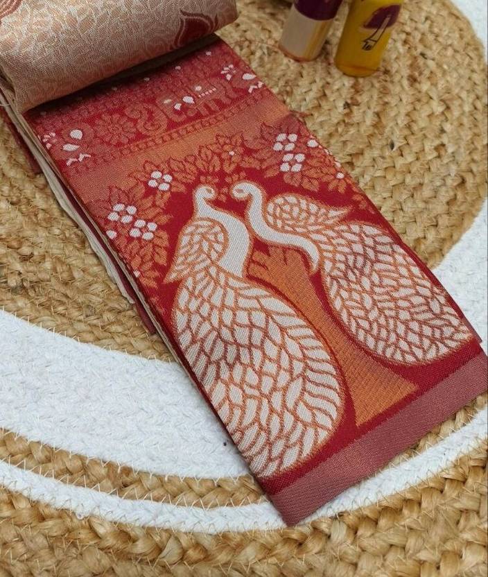 Peach & Red Peacock Zari Soft Silk Saree - view 2 of 4