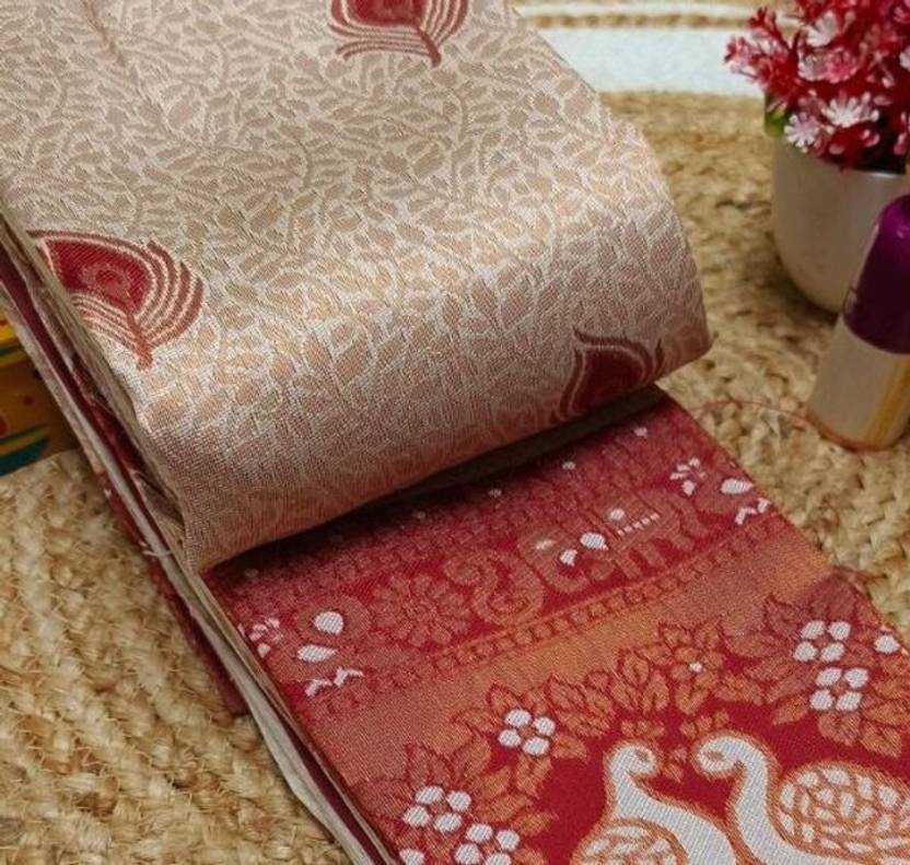 Peach & Red Peacock Zari Soft Silk Saree - view 3 of 4