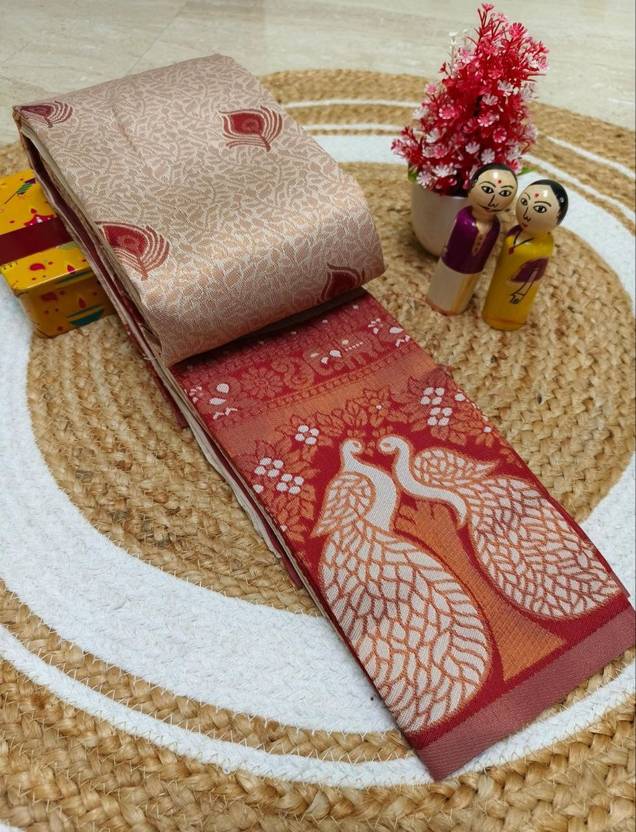 Peach & Red Peacock Zari Soft Silk Saree - view 4 of 4