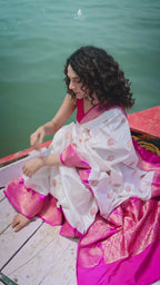 White & Rani Pink Banarasi Silk Saree - video