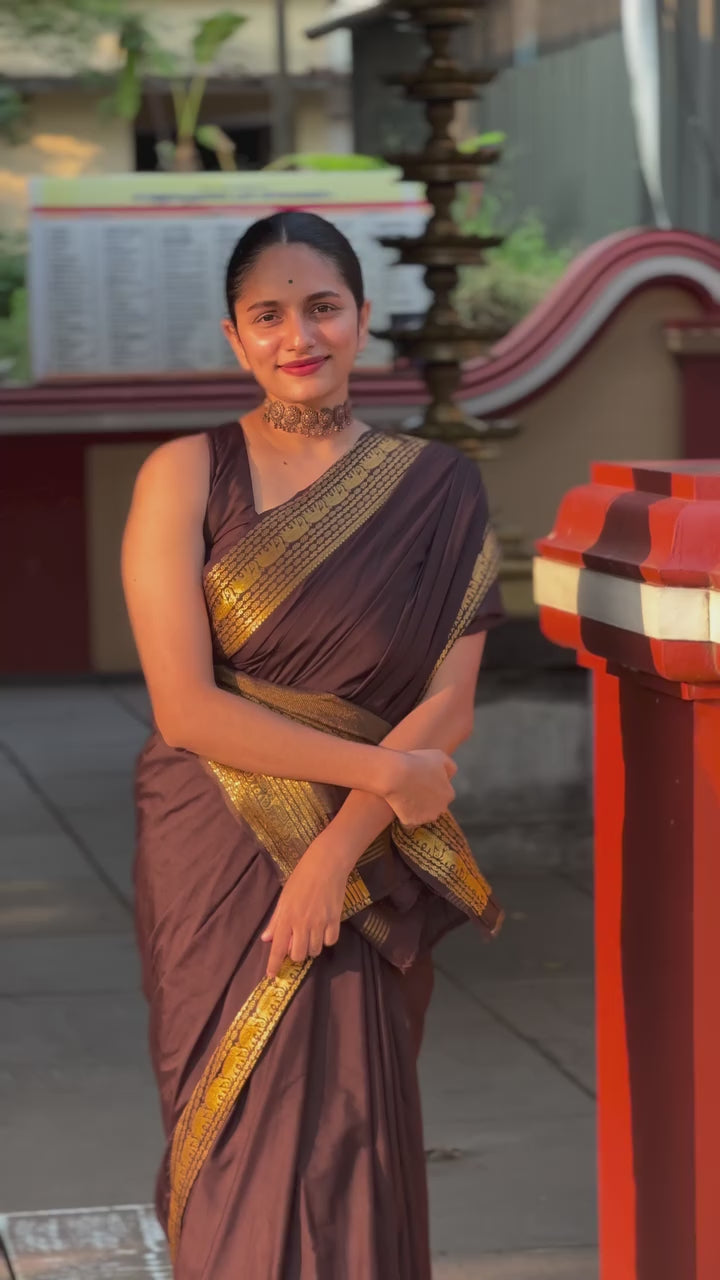 Coffee Brown Zari Border Silk Saree - video