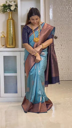 Firozi & Purple Kanjivaram Style Silk Saree - video