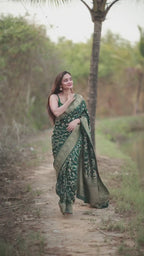 Bottle Green Banarasi Silk Saree with Zari Jaal - video