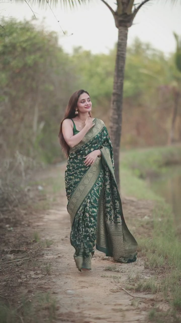 Bottle Green Banarasi Silk Saree with Zari Jaal - video