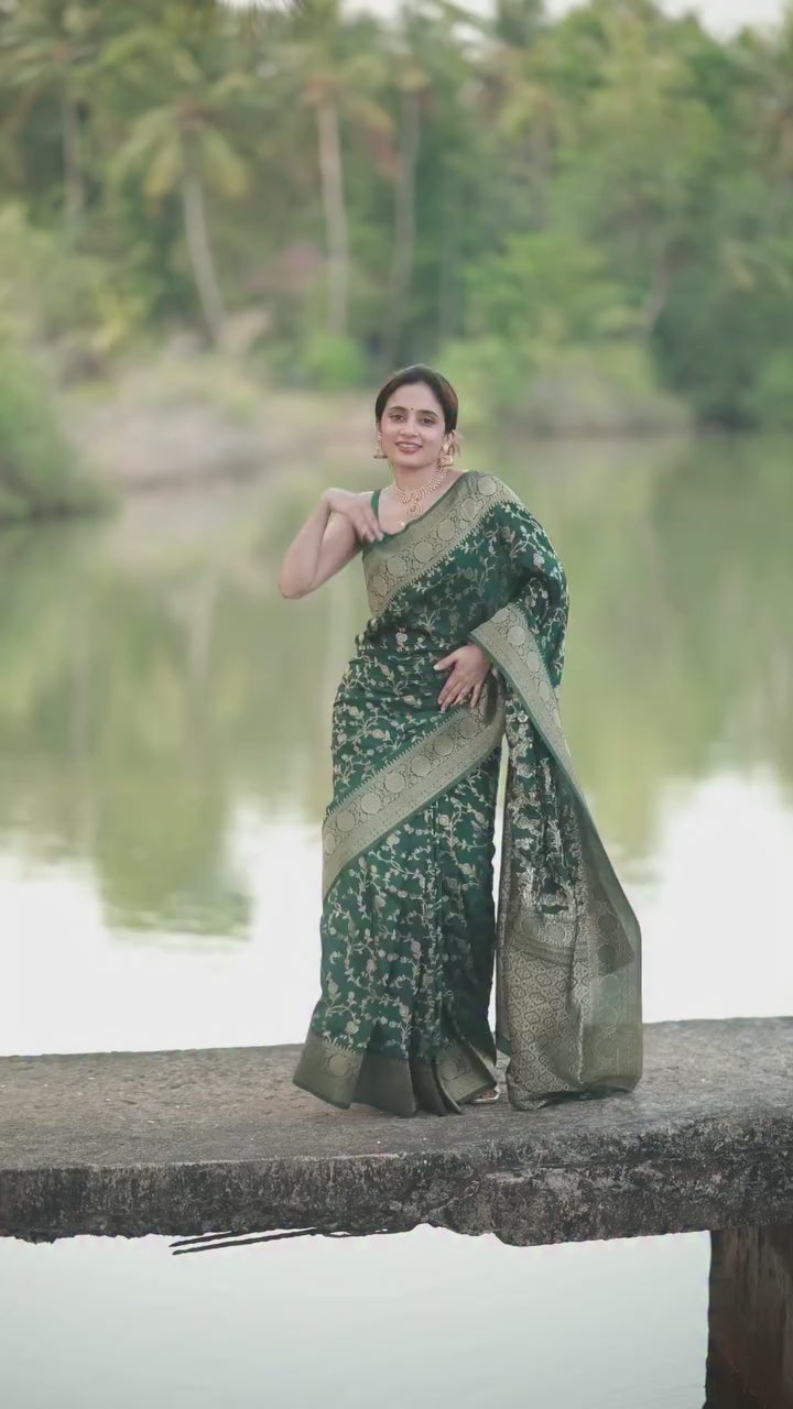 Bottle Green Banarasi Silk Saree with Zari Jaal - video