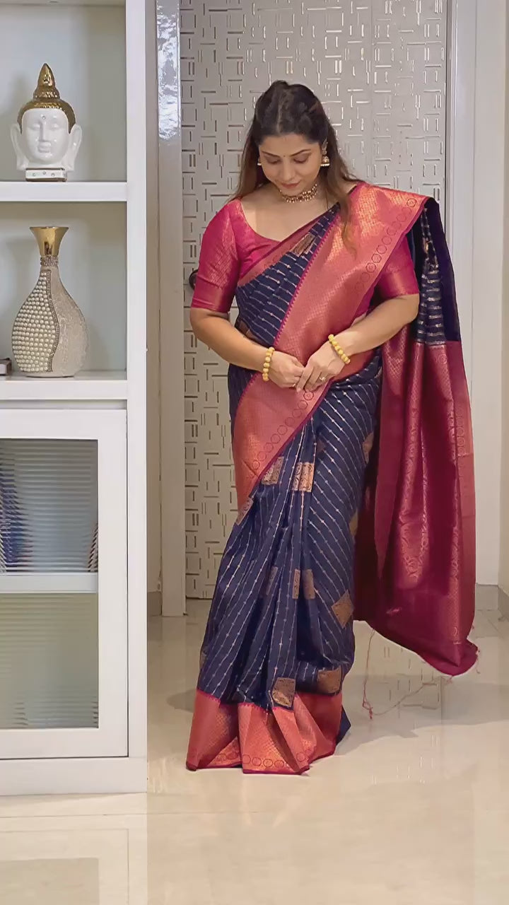 Navy Blue & Pink Kanjivaram Style Silk Saree - video