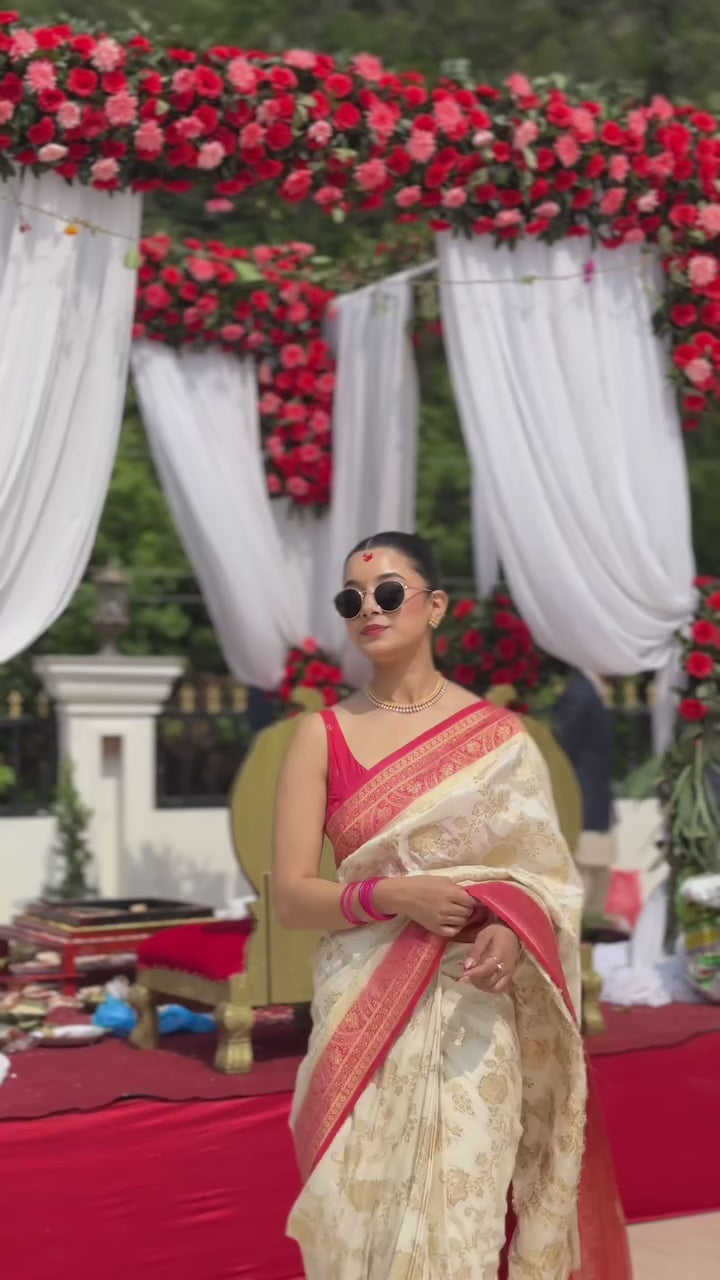 Cream & Red Floral Banarasi Silk Saree - video