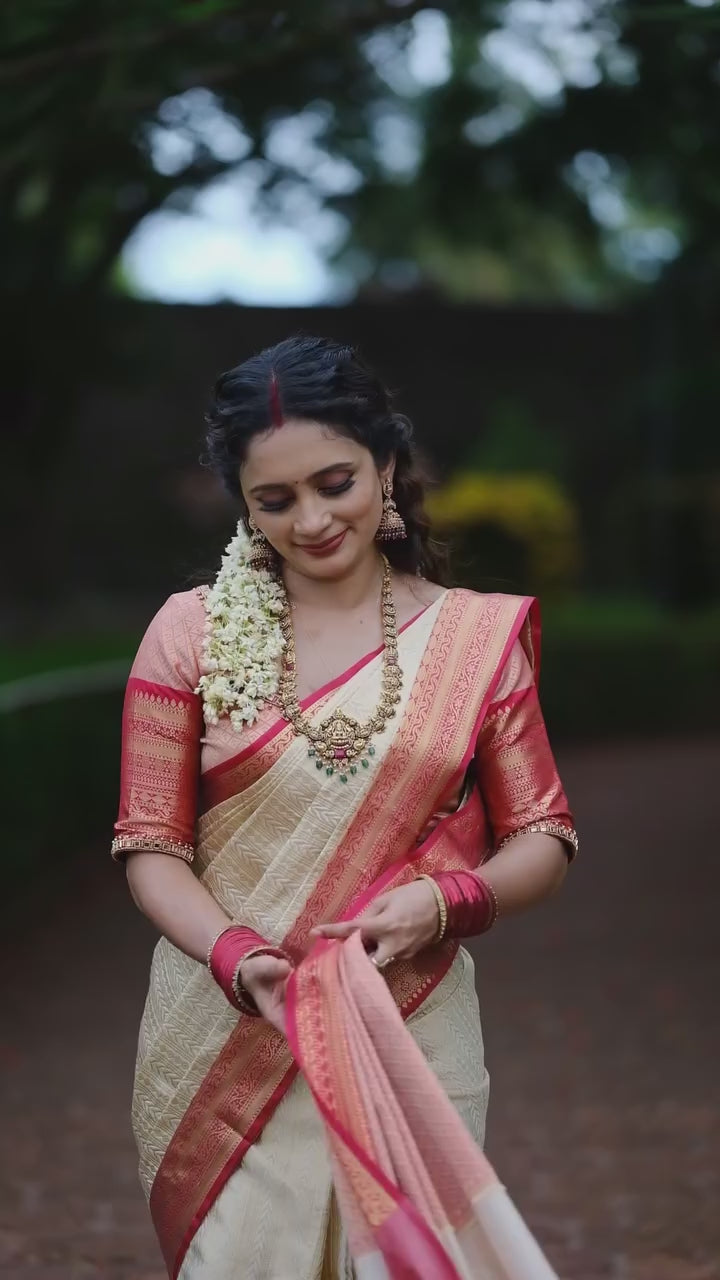 Ivory & Red Border Silk Saree - video