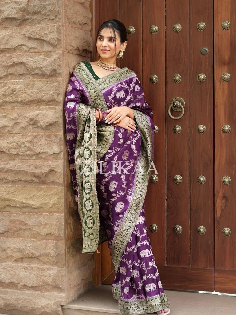 Purple Elephant Banarasi Silk Saree - view 10 of 18