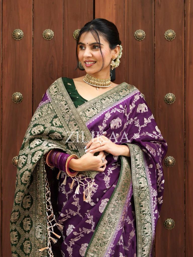 Purple Elephant Banarasi Silk Saree - view 16 of 18