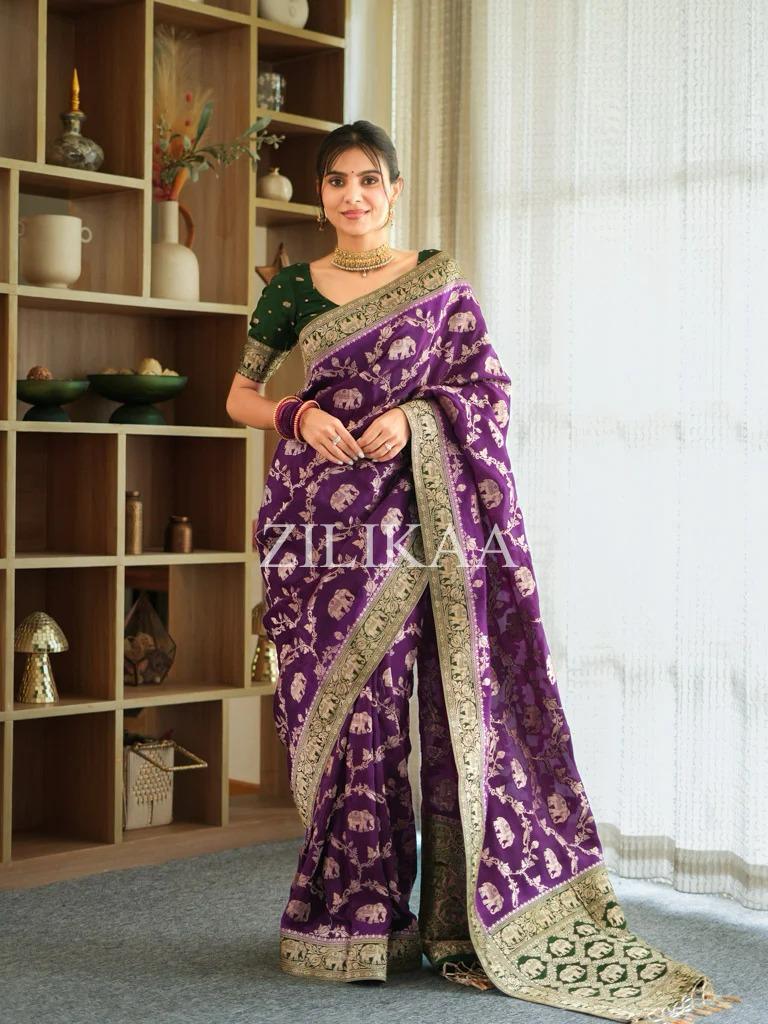 Purple Elephant Banarasi Silk Saree - view 3 of 18