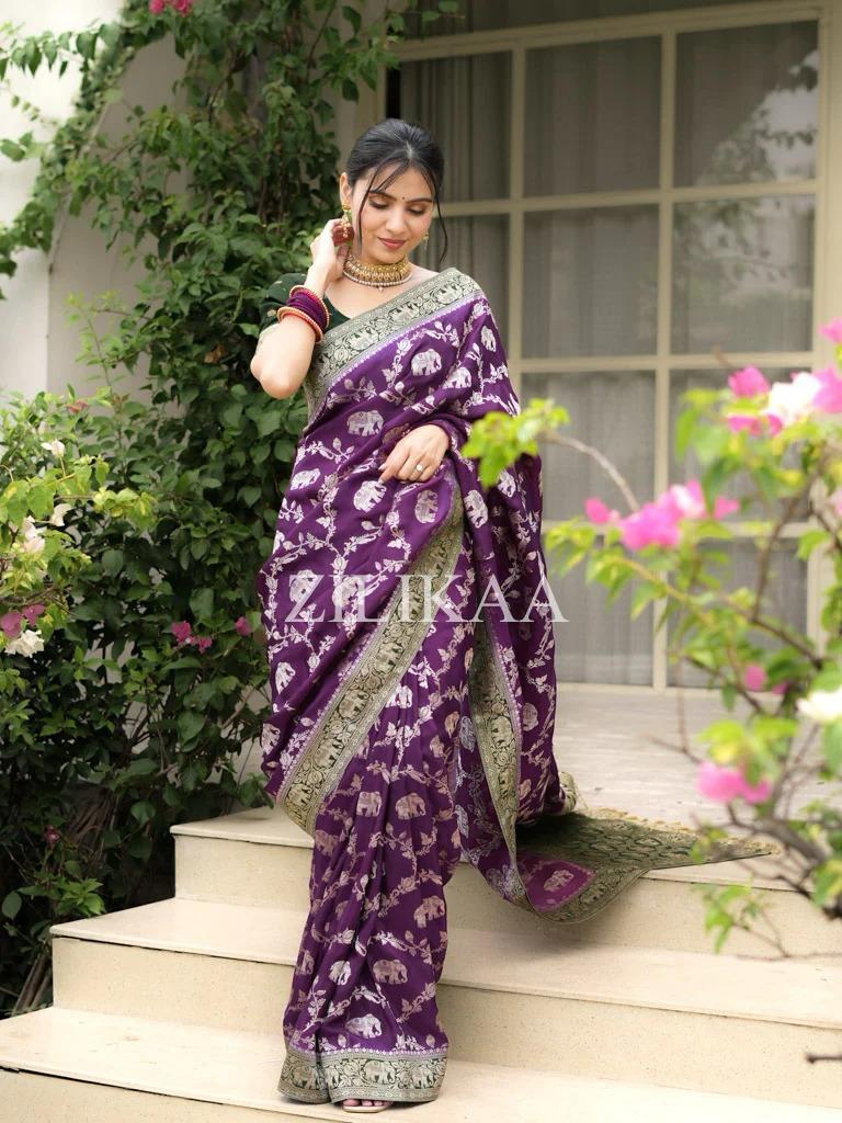 Purple Elephant Banarasi Silk Saree - view 4 of 18