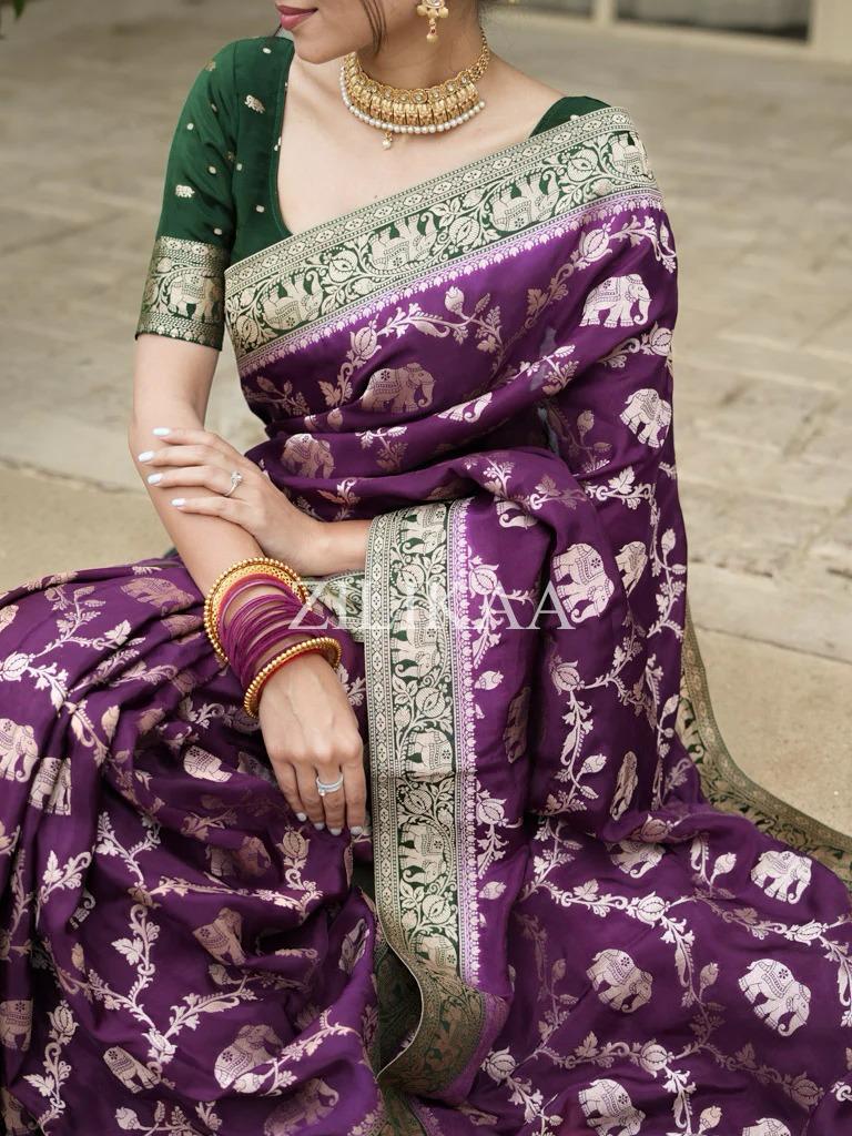 Purple Elephant Banarasi Silk Saree - view 9 of 18