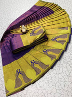 Purple & Lime Green Peacock Zari Soft Silk Saree - Shivay Libas