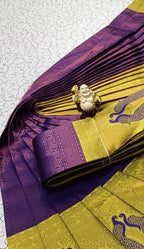 Purple & Lime Green Peacock Zari Soft Silk Saree - view 2 of 4