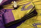 Purple & Lime Green Peacock Zari Soft Silk Saree - view 3 of 4