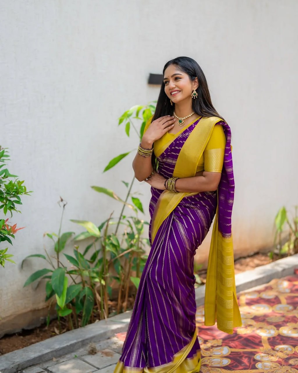 Purple & Yellow Silk Saree - view 10 of 21
