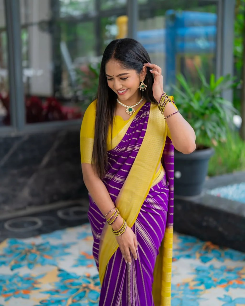 Purple & Yellow Silk Saree - view 13 of 21