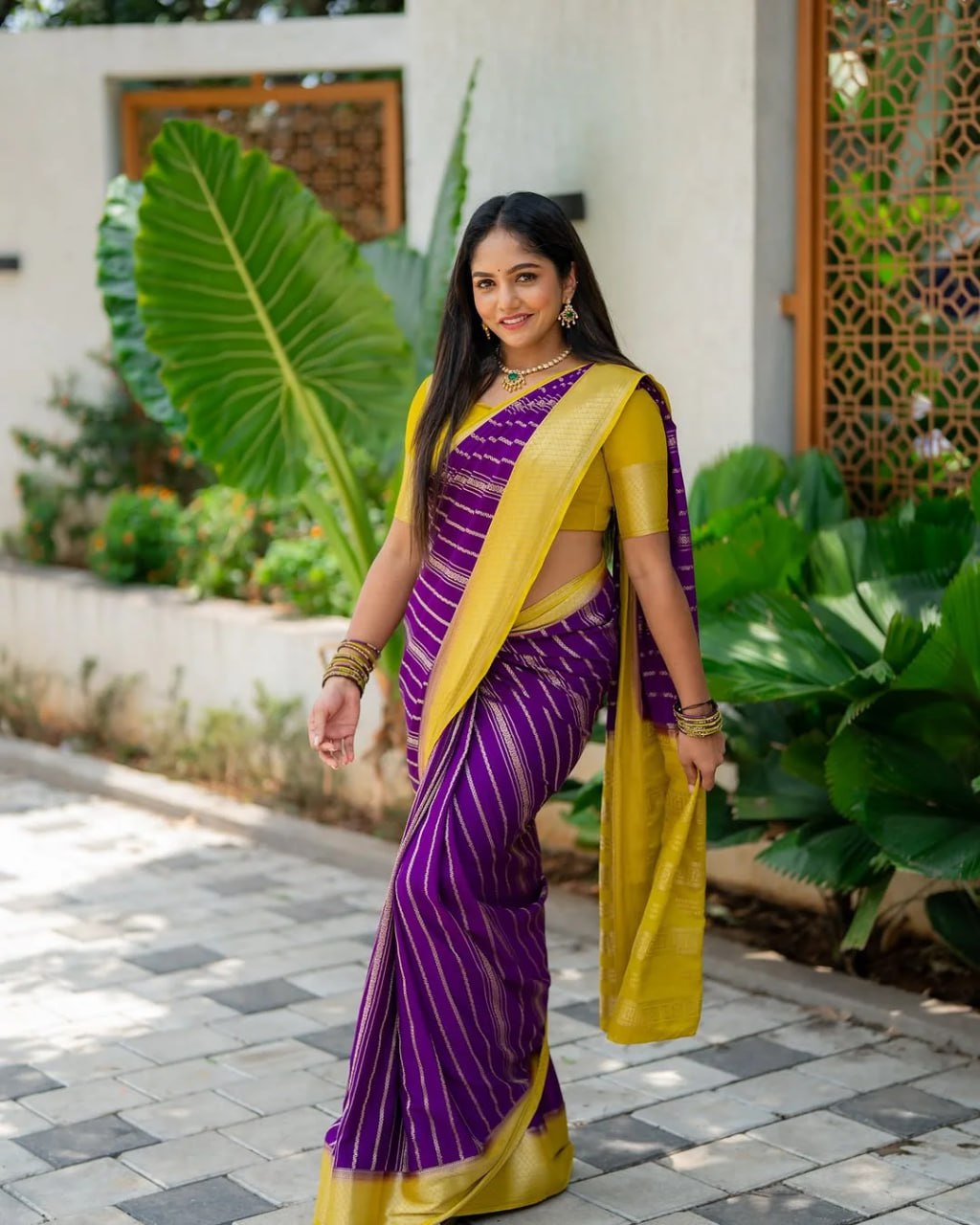 Purple & Yellow Silk Saree - view 14 of 21