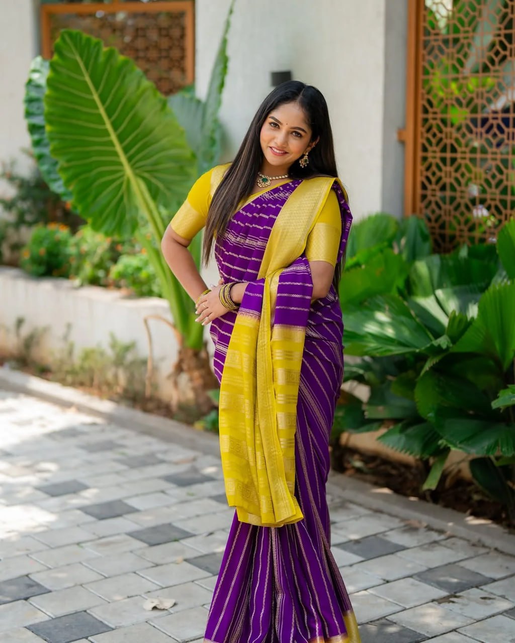 Purple & Yellow Silk Saree - view 17 of 21