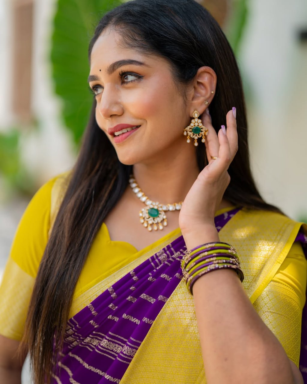 Purple & Yellow Silk Saree - view 2 of 21