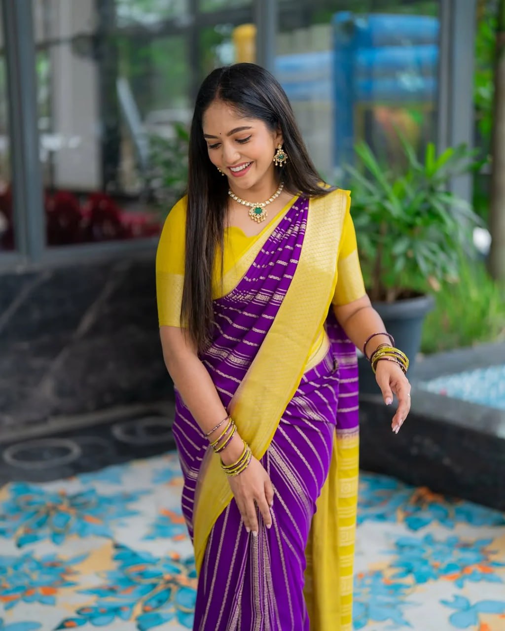 Purple & Yellow Silk Saree - view 5 of 21