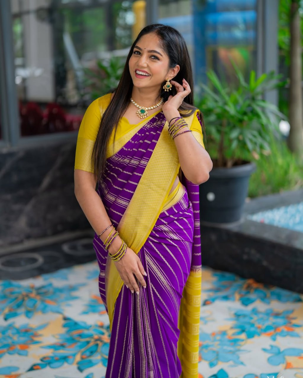 Purple & Yellow Silk Saree - view 6 of 21