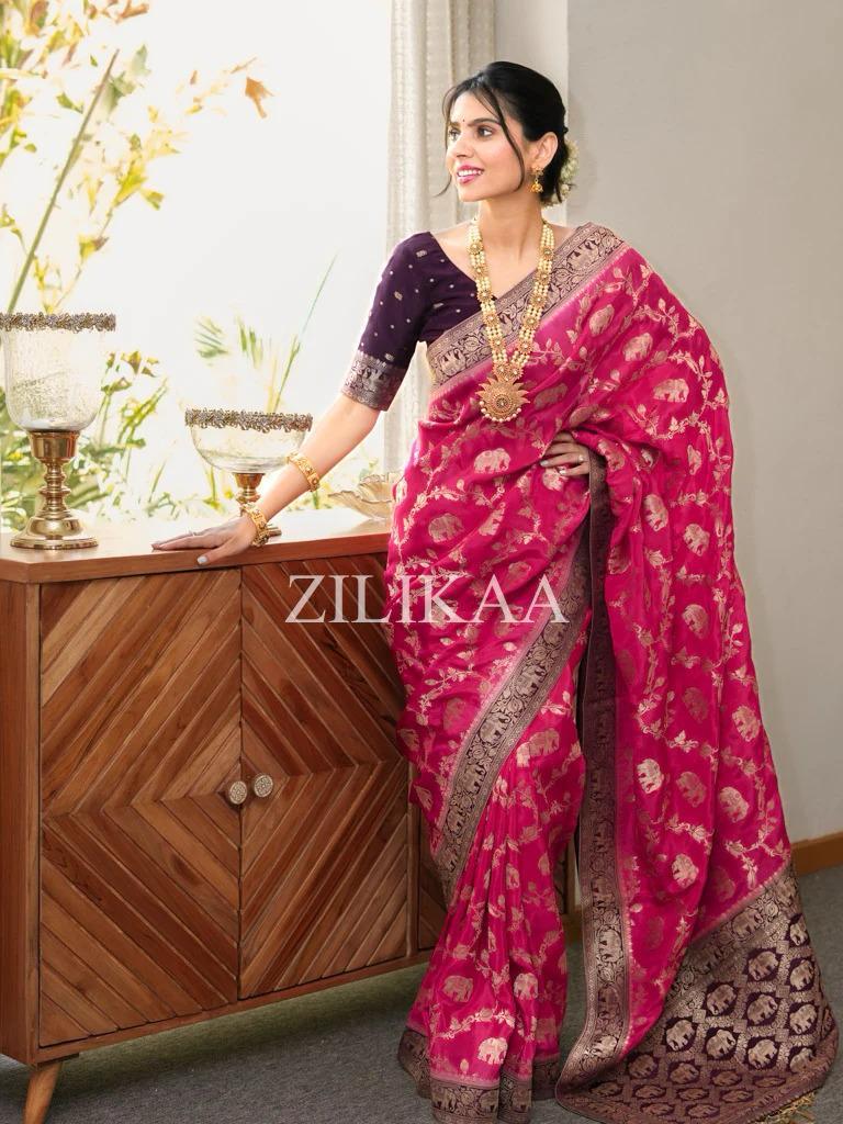 Rani Pink Elephant Banarasi Silk Saree - Shivay Libas