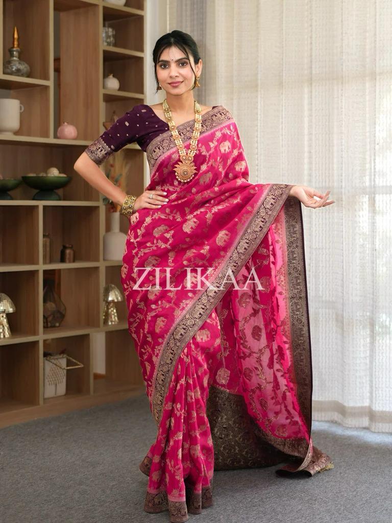 Rani Pink Elephant Banarasi Silk Saree - view 12 of 17