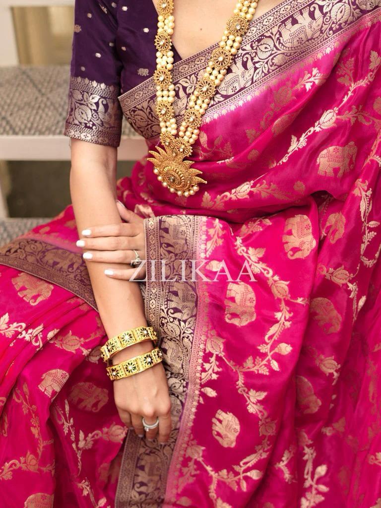 Rani Pink Elephant Banarasi Silk Saree - view 3 of 17