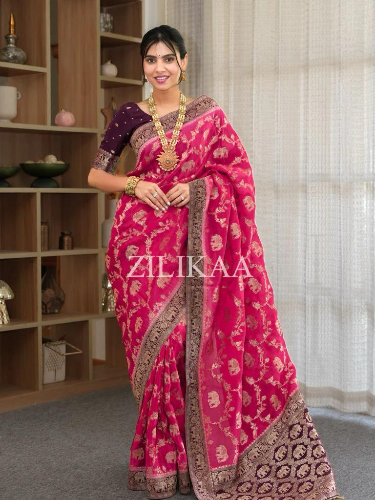 Rani Pink Elephant Banarasi Silk Saree - view 5 of 17