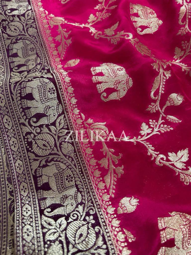 Rani Pink Elephant Banarasi Silk Saree - view 6 of 17