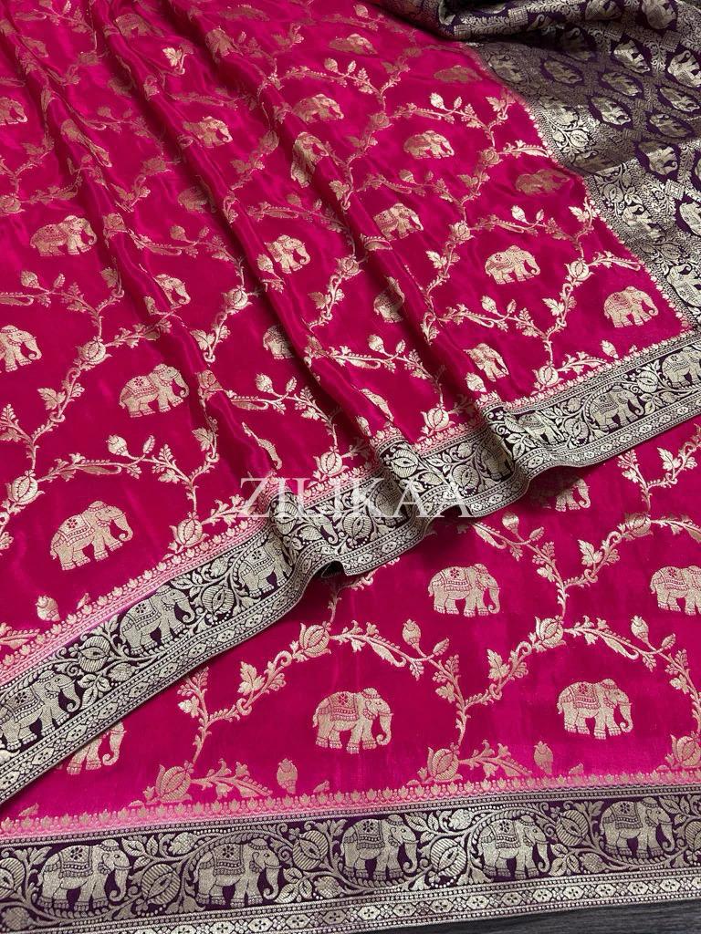 Rani Pink Elephant Banarasi Silk Saree - view 8 of 17