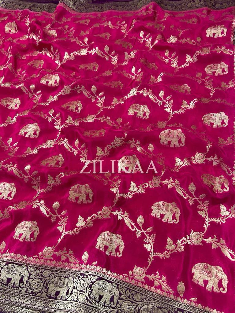 Rani Pink Elephant Banarasi Silk Saree - view 9 of 17