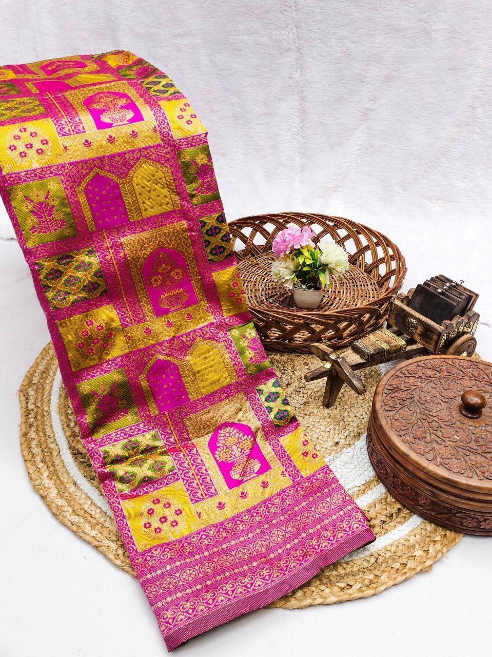 Rani Pink & Yellow Jharokha Weave Silk Saree - Shivay Libas