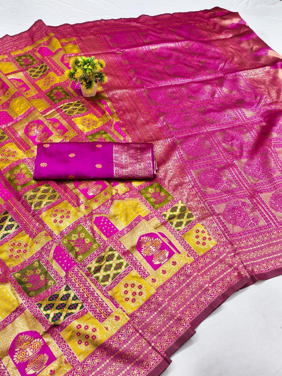 Rani Pink & Yellow Jharokha Weave Silk Saree - view 2 of 2