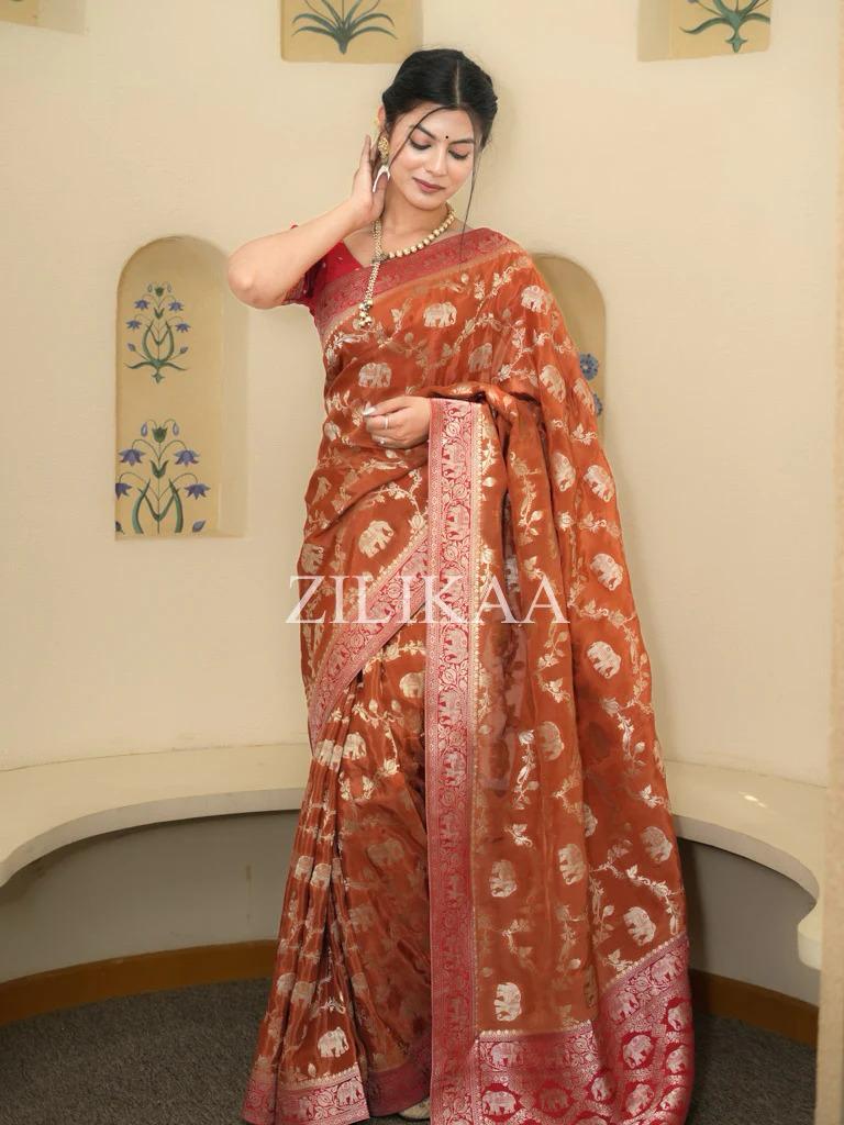 Rust Orange Elephant Banarasi Silk Saree - view 11 of 15