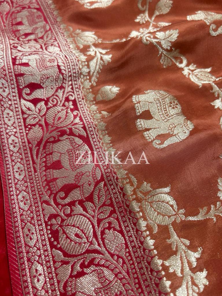 Rust Orange Elephant Banarasi Silk Saree - view 14 of 15