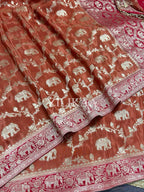 Rust Orange Elephant Banarasi Silk Saree - view 4 of 15