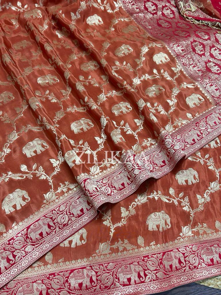 Rust Orange Elephant Banarasi Silk Saree - view 4 of 15