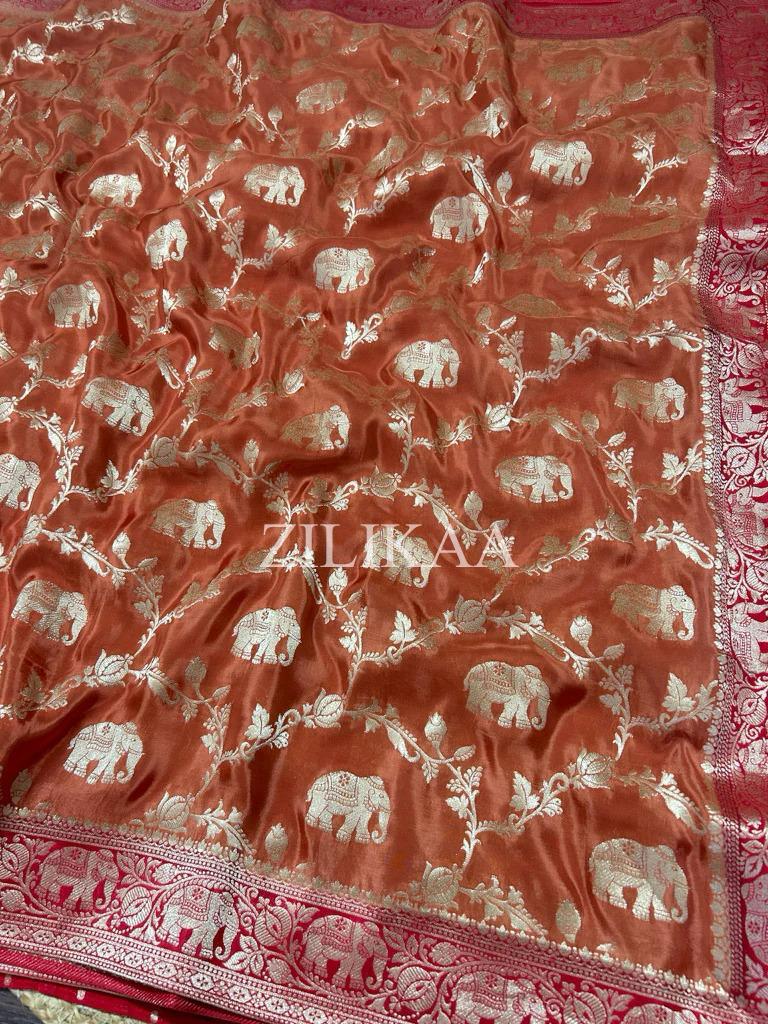 Rust Orange Elephant Banarasi Silk Saree - view 9 of 15