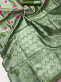 Sage Green Heart Motif Jacquard Silk Saree - Shivay Libas