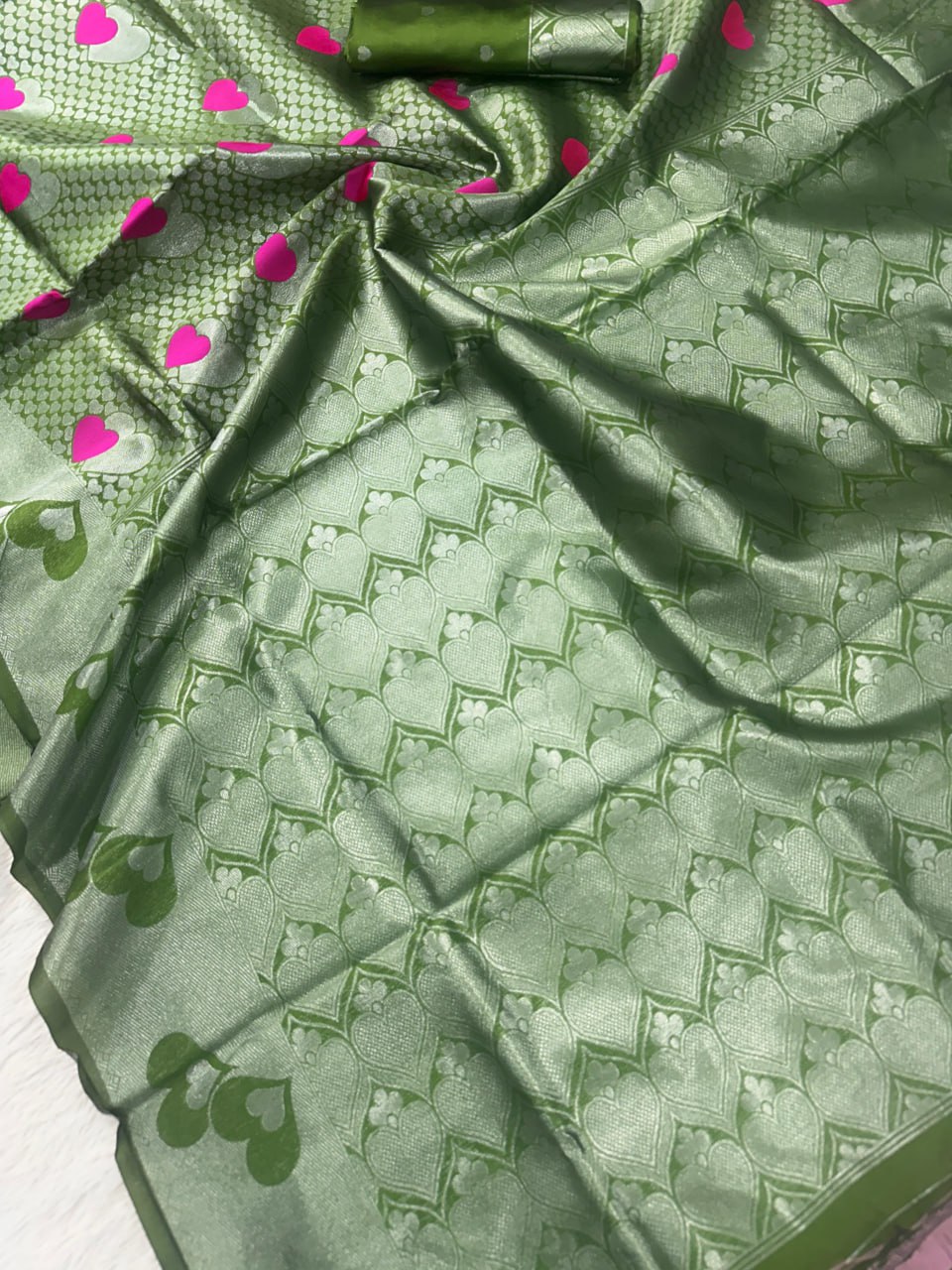Sage Green Heart Motif Jacquard Silk Saree - Shivay Libas