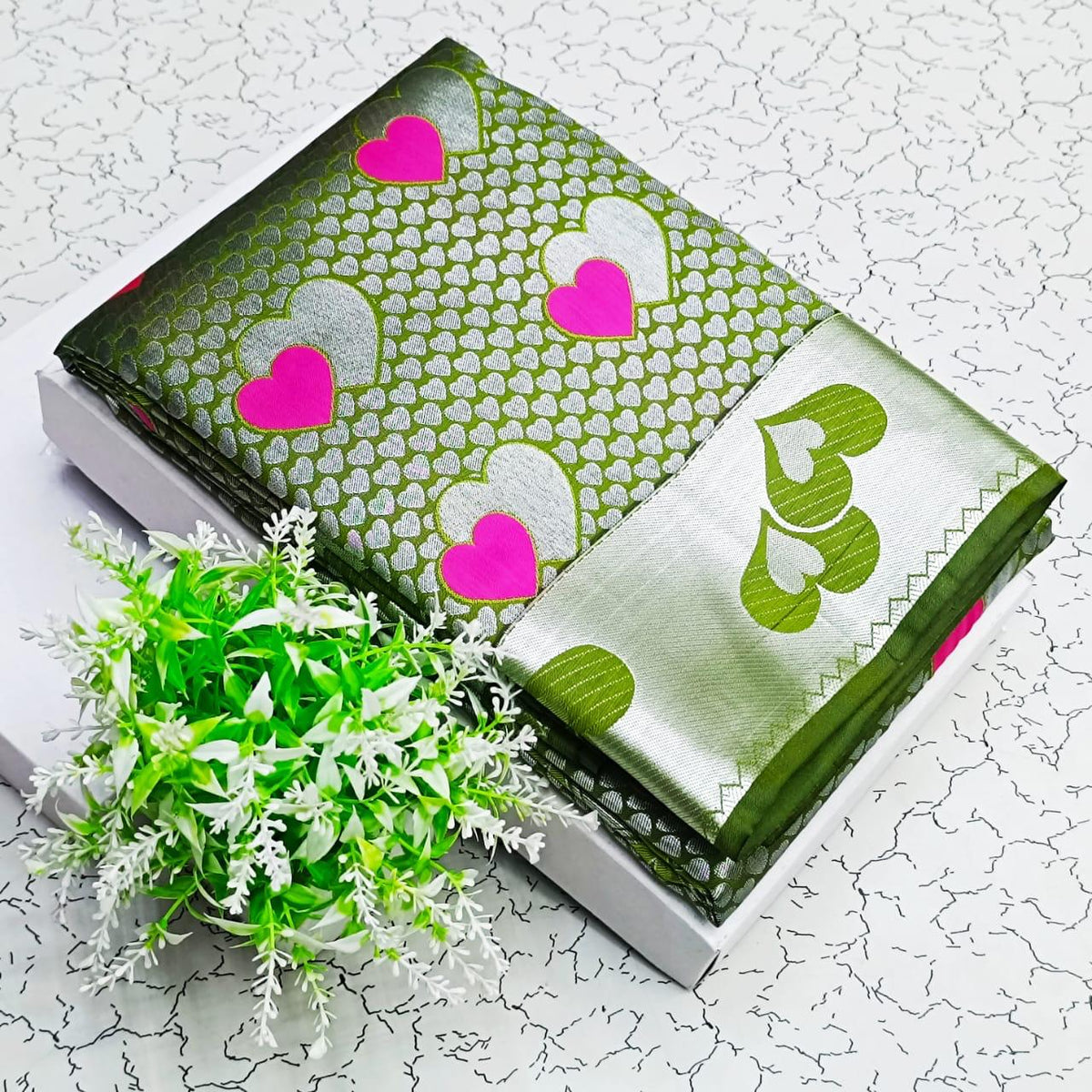 Sage Green Heart Motif Jacquard Silk Saree - view 2 of 4