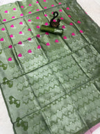 Sage Green Heart Motif Jacquard Silk Saree - view 3 of 4