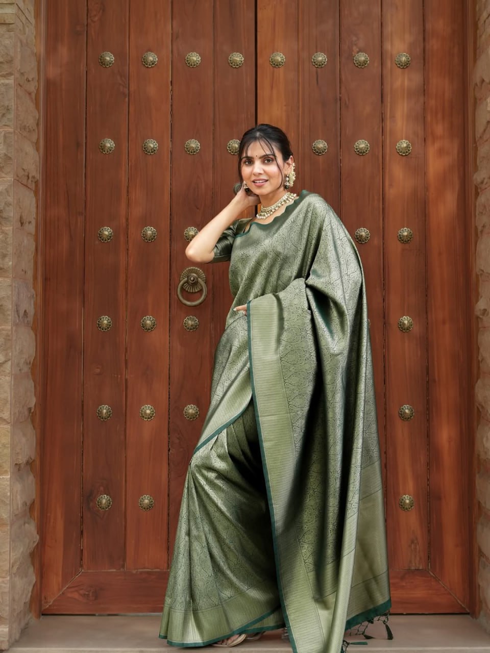 Sage Green Kanjivaram Style Silk Saree - Shivay Libas