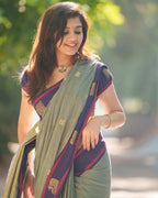 Sage Green & Purple Border Silk Saree - Shivay Libas